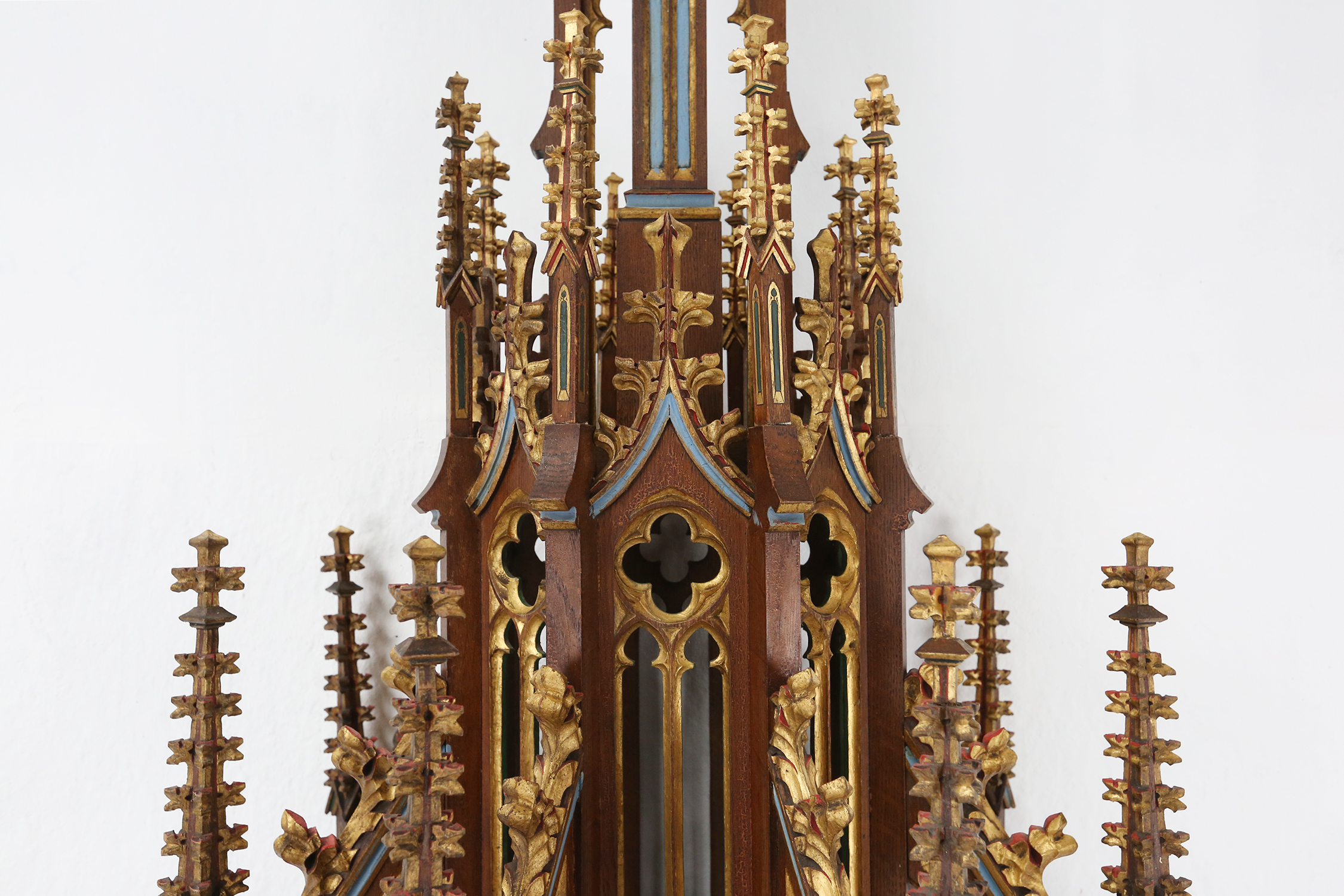 A French polychrome and gilt wooden neo-Gothic church steeple with niche for saint statue, ca. 1800thumbnail